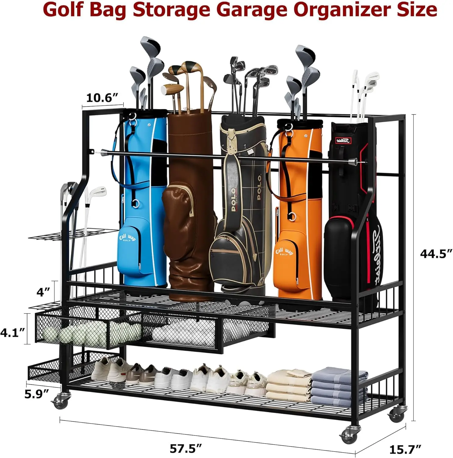Golf Equipment Organizer For Garage - Multifunctional Rolling Golf Bags Storage Shelf